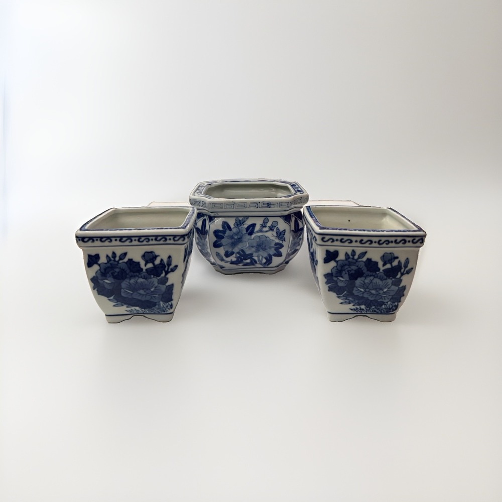 Vintage ASIAN ORIENTAL Blue White Porcelain Bonsai Planter Bowl Floral Set of 3
